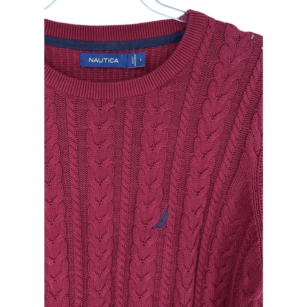 Nautica Mens Burgundy Cable Knit L 100% Cotton Crewneck Sweater Nautical Logo - Picture 5 of 9